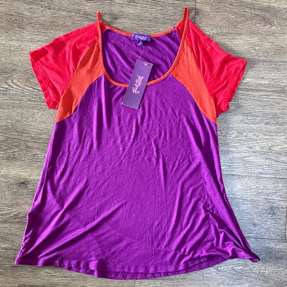 Hale Bob Purple and Red Cold Shoulder Top